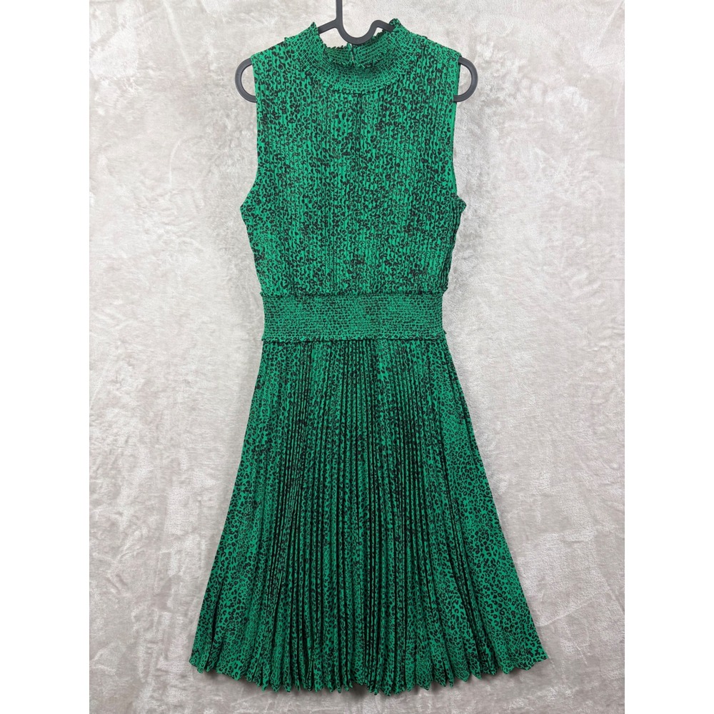 Nanette Lepore Green Leopard Print Pleated Mock Neck Smocked Midi Dress Size 12